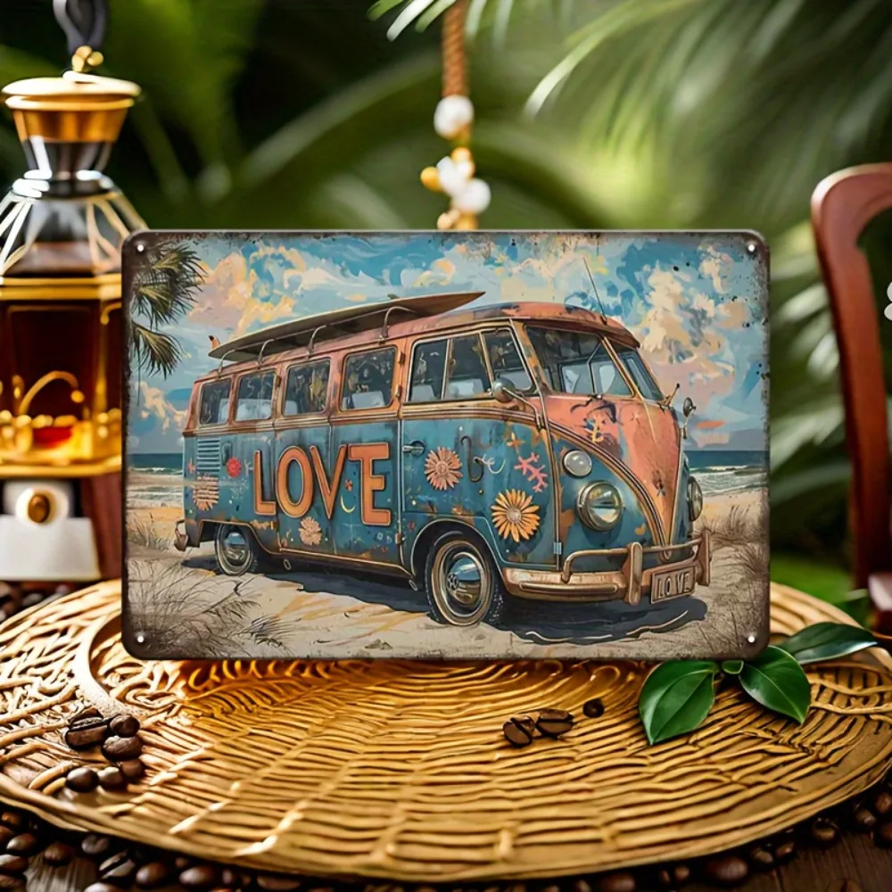 CIFbuy Retro Beach Life Bus Camper Van Aluminum Wall Art 7.87x11.81in Waterproof Tin Sign for Home Office Room Decor Gift