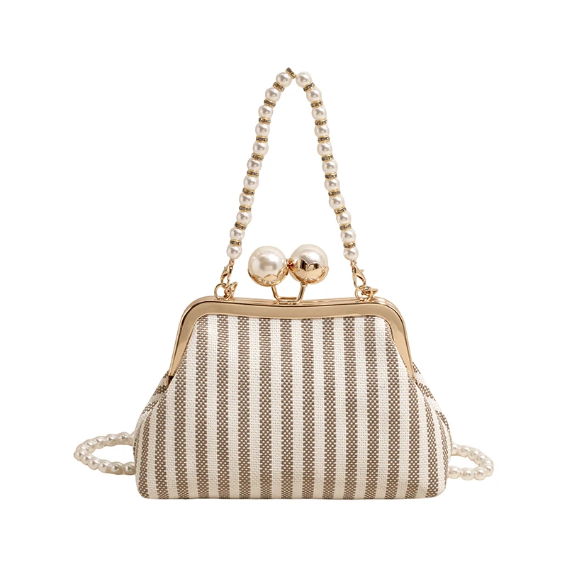 

Fashion Striped Fabric Women's Kiss Lock Clip Shell Female Shoulder Bag with Pearl Chain Elegant Crossbody Bag Summer Beach Bag