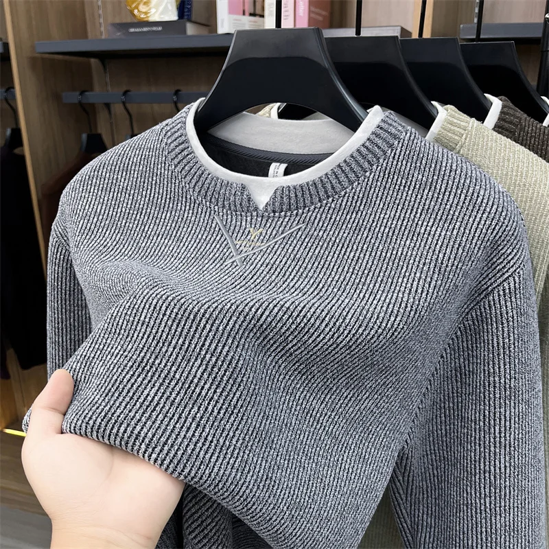 Winter Trendy Men's Old Money Style Splicing Fake Two Piece Top Round Neck Knitted Sweater Fashion Casual Warm Hoodie