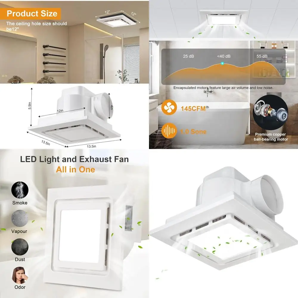 

Ultra Quiet 1.0 Sone Bathroom Exhaust Fan with Light, 145cm (13.5) Panel, 12x12 Mount