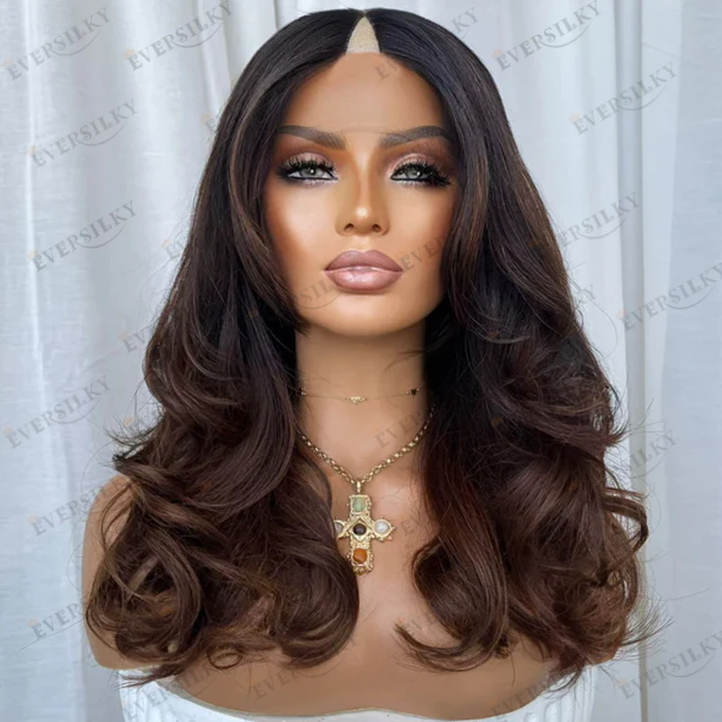 

Eversilky Ombre Chestnut Brown Natural Slightly Wavy Human Hair 1x4 Size V Part Wigs for Black Women Easy Wear Glueless Wigs