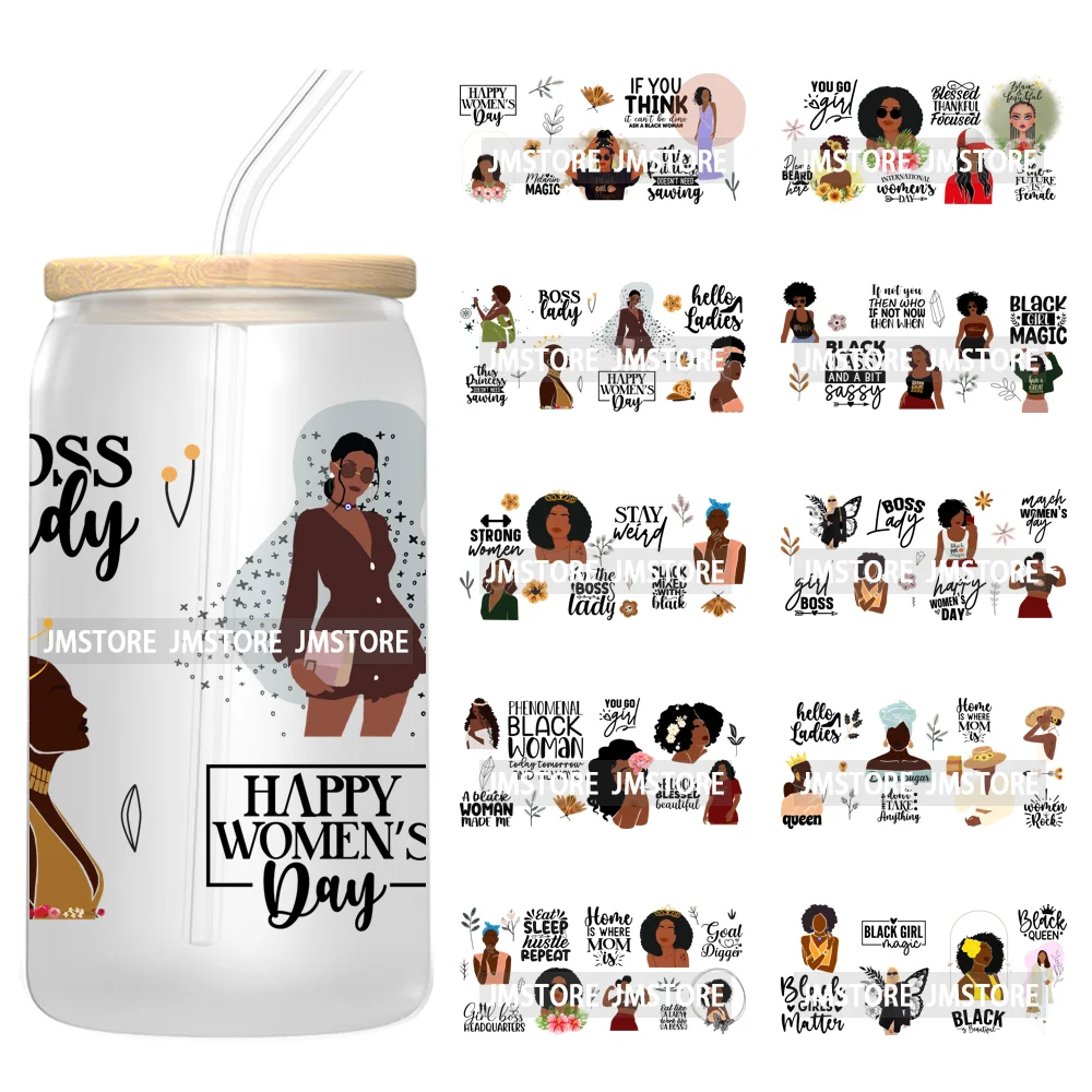 

Lady Girl Power Black Woman Affirmations UV DTF Wraps Transfer Sticker Waterproof High Quality For 16OZ Libbey Glass Can Tumbler