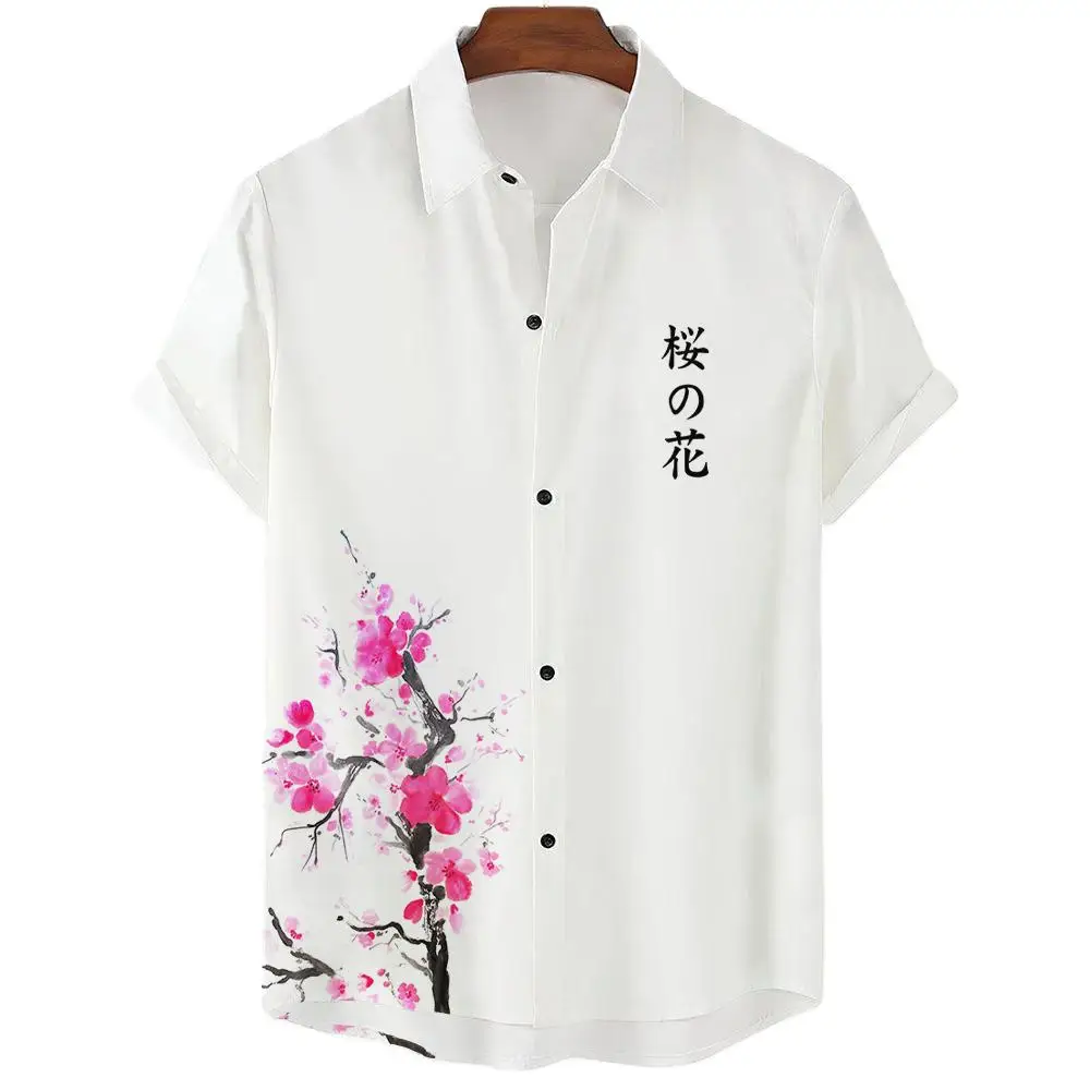 New Summer Shirt For Man Cherry Blossom Print Men\'s Top Everyday Casual Wear Oversized Short-sleeved Shirt Senior Men\'s Clothing