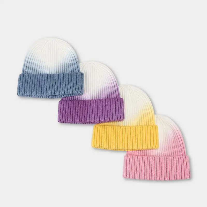 tie-dye bicolor knit beanies for women girls purple yellow pink blue hats autumn winter ski caps fashion unique bonnets skullies