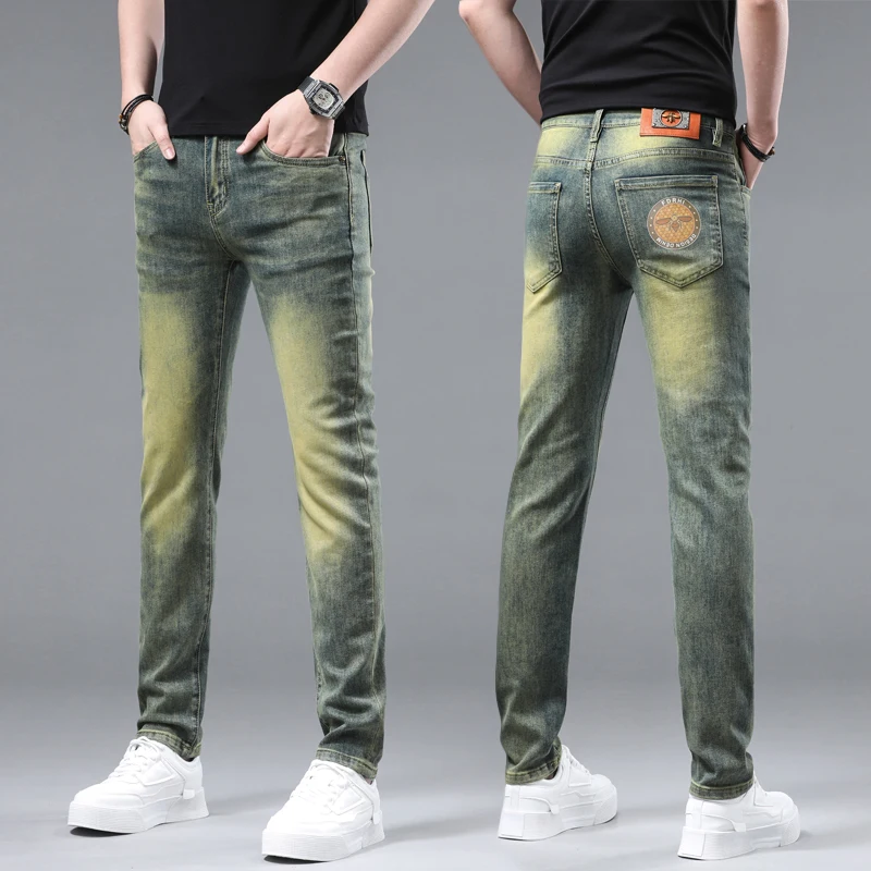 

Retro Yellow mud color light luxury jeans men's fashion printed all-matching simple classic slim fit skinny trendy casual pants