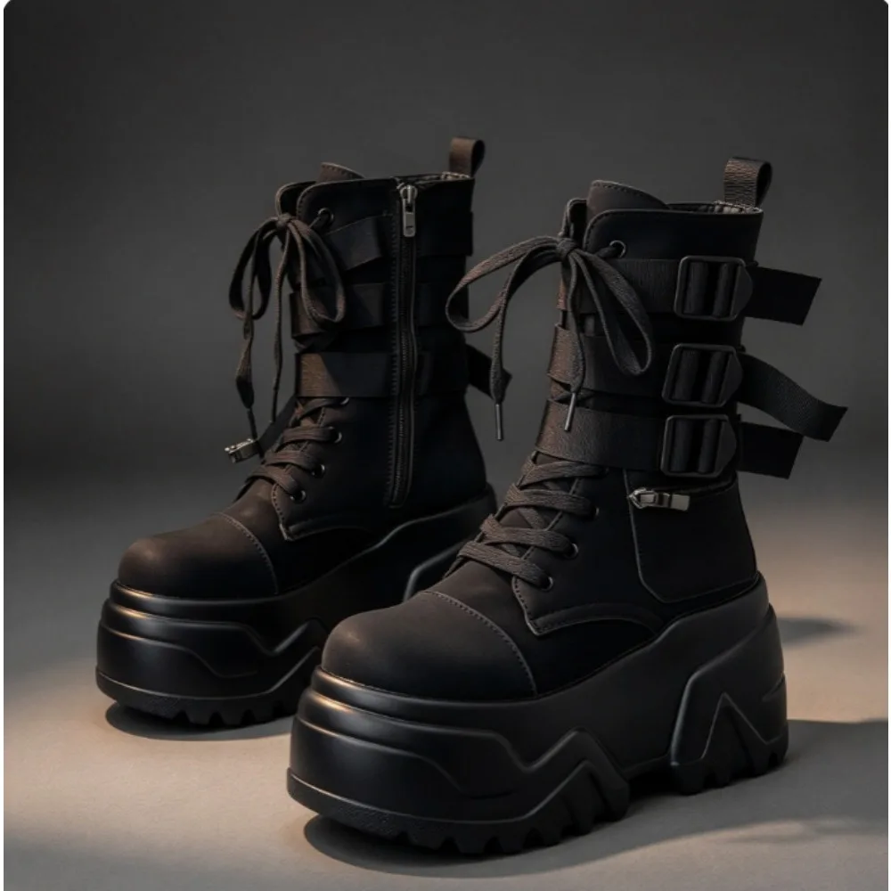 Neue schwarze Plateau-Stiefel im spanischen Stil, mittelhohe Stiefel mit seitlichem Reißverschluss und Schnürung, dunkle Punk-Ritterstiefel mit mehreren Riemen und Schnallen, die die Körpergröße optisch erhöhen. – Detail 7