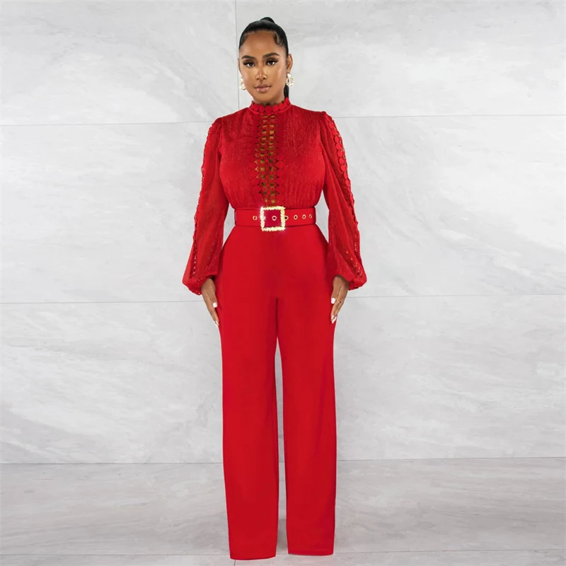 Elegant Hollow Out Patchwork Wijde Pijpen Jumpsuit Voor Vrouwen 2023 Lange Mouwen Hoge Kraag Party Casual Romper Club Outfits Met riem