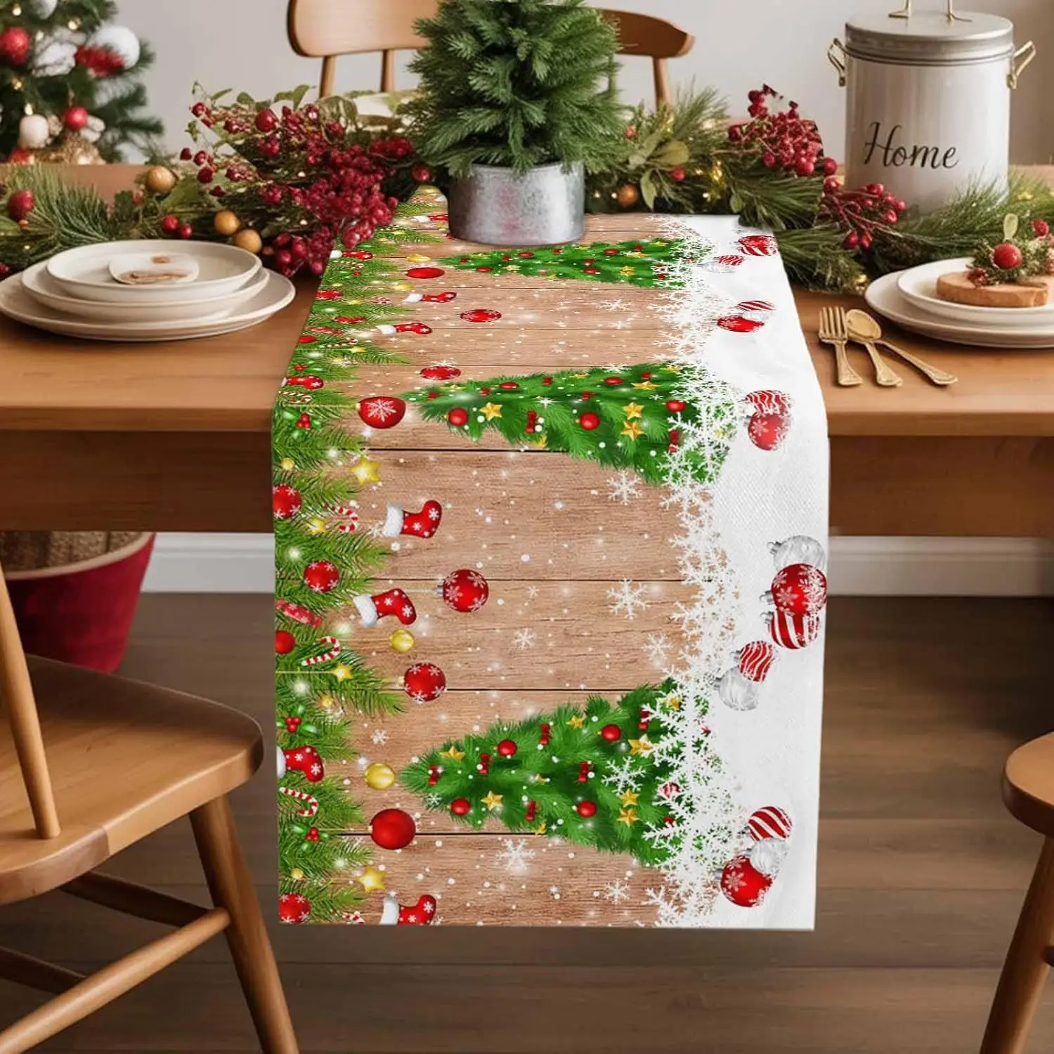 Christmas Snowflakes Xmas Tree Wood Grain Table Runner Party Decor Reusable Kitchen Dining Table Runner Christmas Decoration