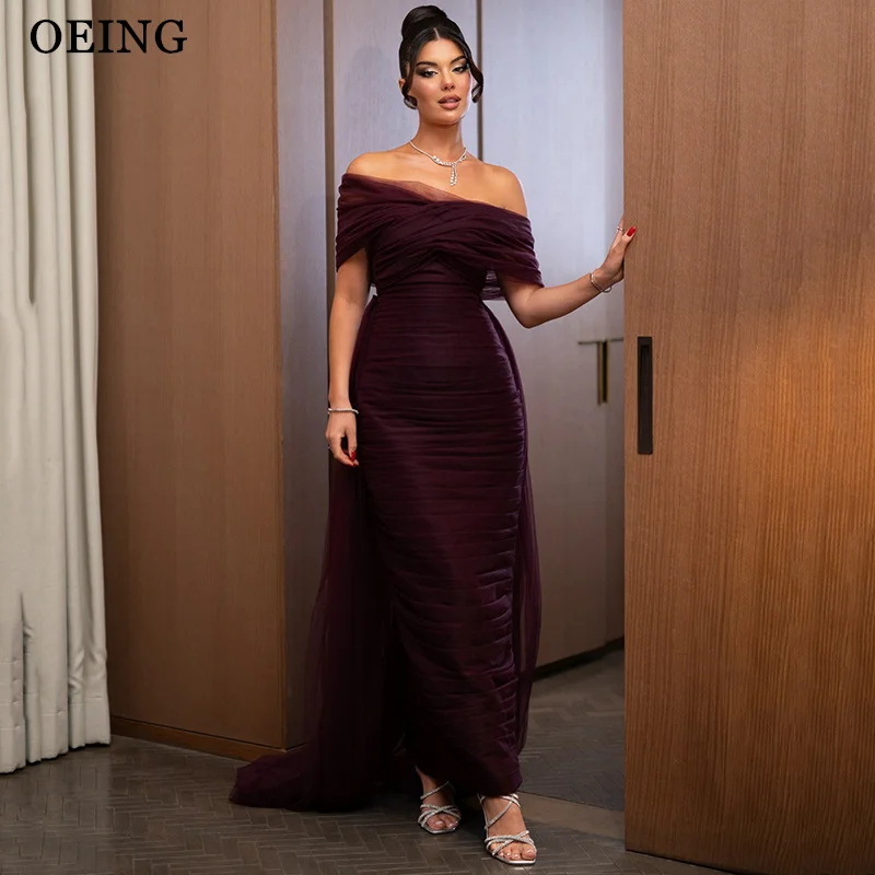 

OEING Simple Mermaid Evening Dresses Off Shoulder Pleats Formal Dress With Detachable Train فساتين سهرة Customized