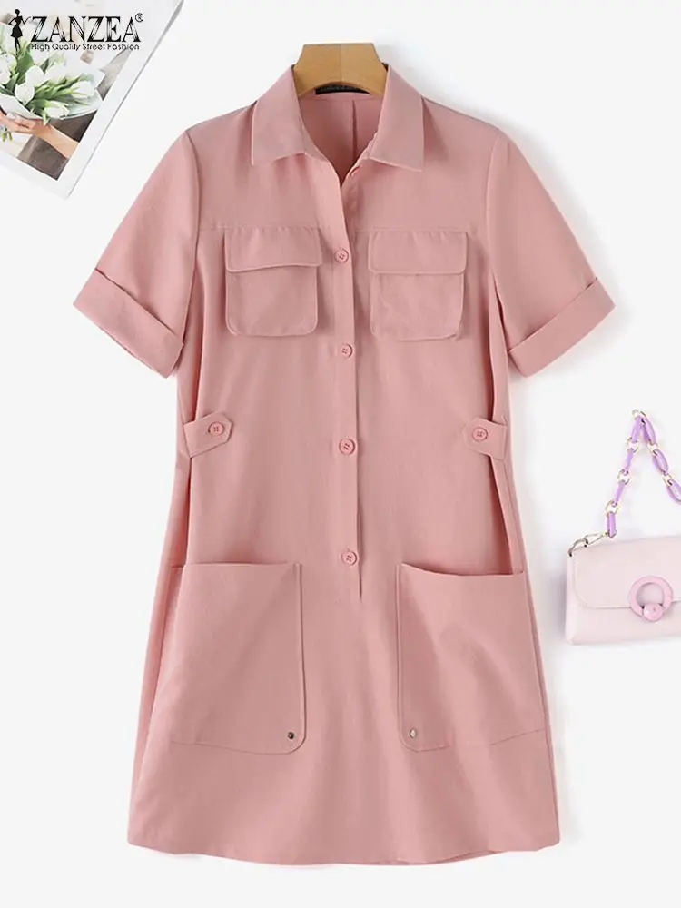 ZANZEA Korean Fashion Women Lapel Neck Half Sleeve Solid Cargo Dress Casual Loose Holiday Vestido Summer Knee-length Sundress