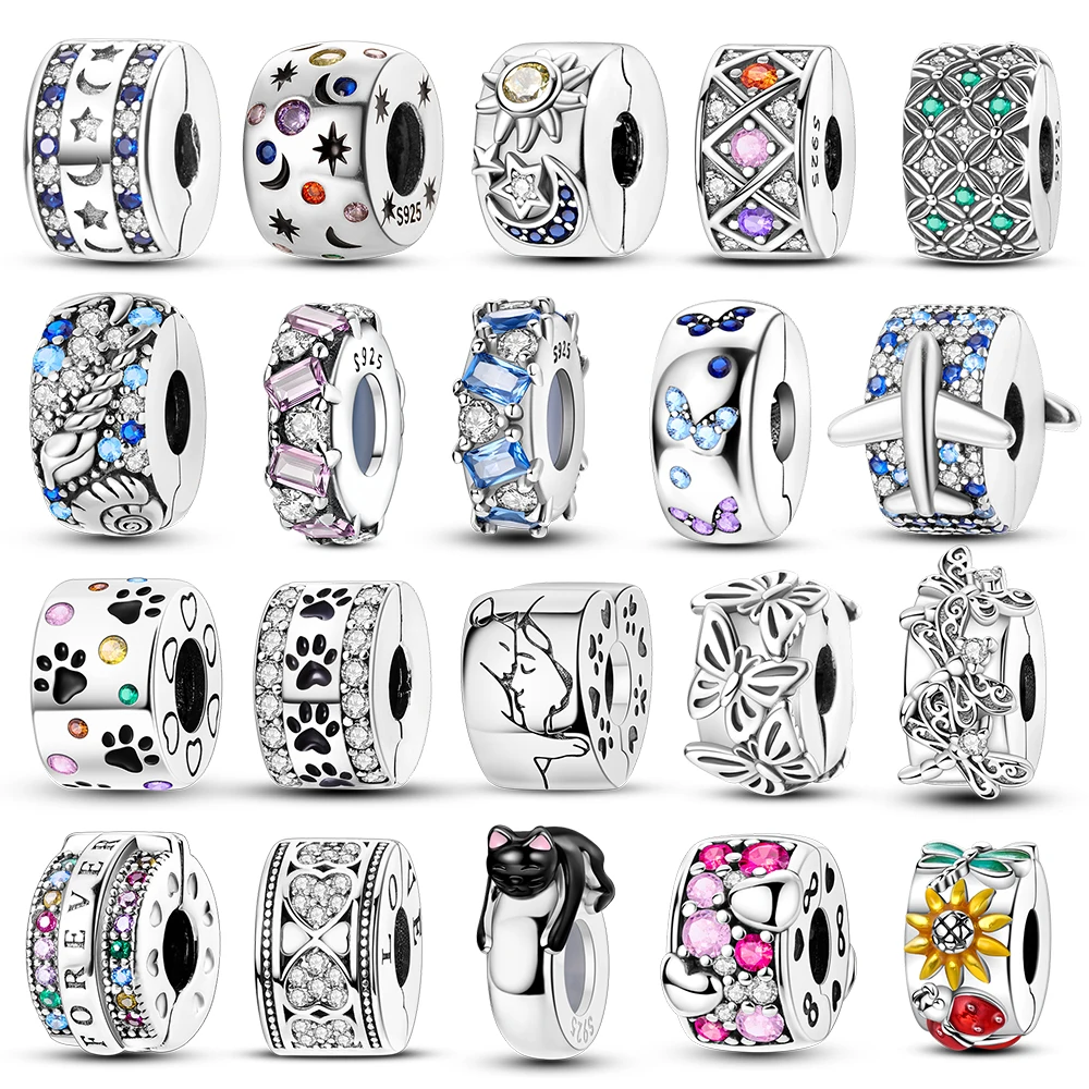 Round 925 Silver Clasp Pave Clip Charms Blue Star Moon Butterfly Slide Safety Chains Spacer Beads Fits Original Bracelet Jewelry