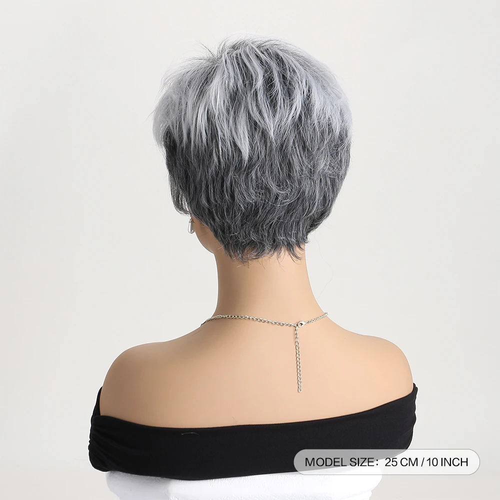 10-Zoll-Perücke, natürliche synthetische graue Perücken für Frauen, kurze lockige Perücke, tägliche Party, hitzebeständiges Haar – Detail 2