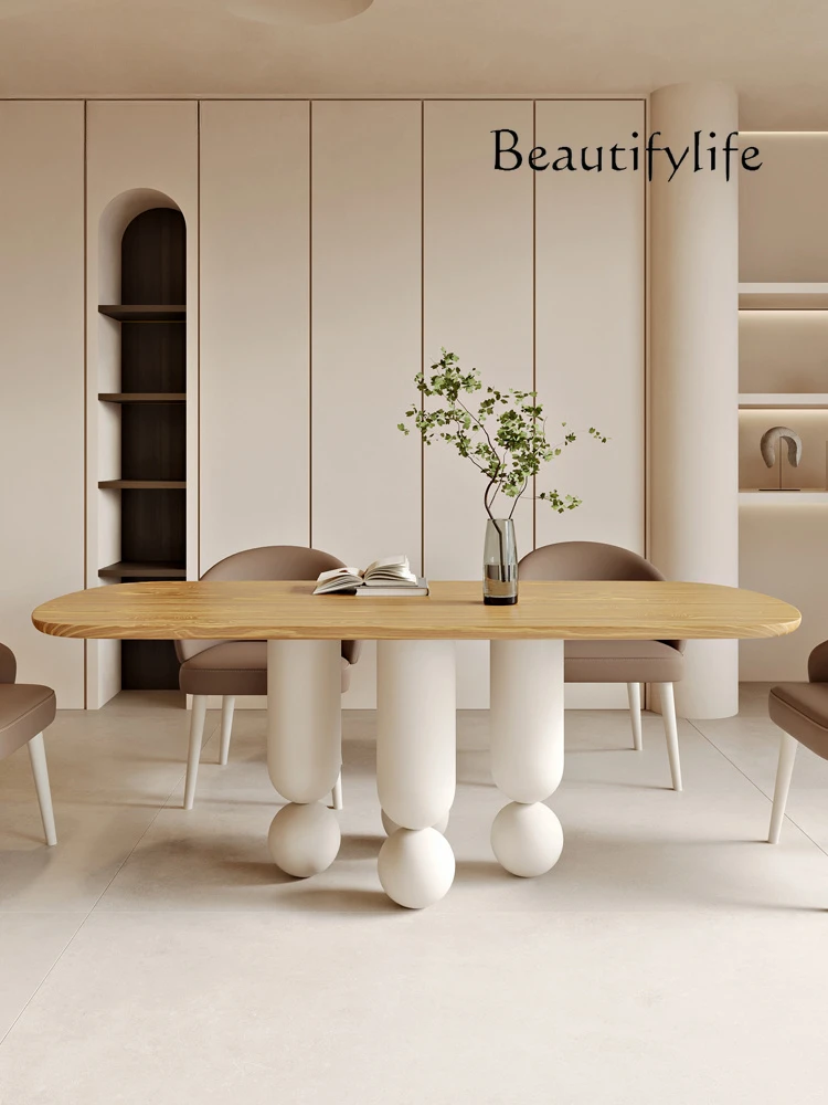 Nordic solid wood wabi style dining table small apartment white exclamation mark French cream style dining table and chairs