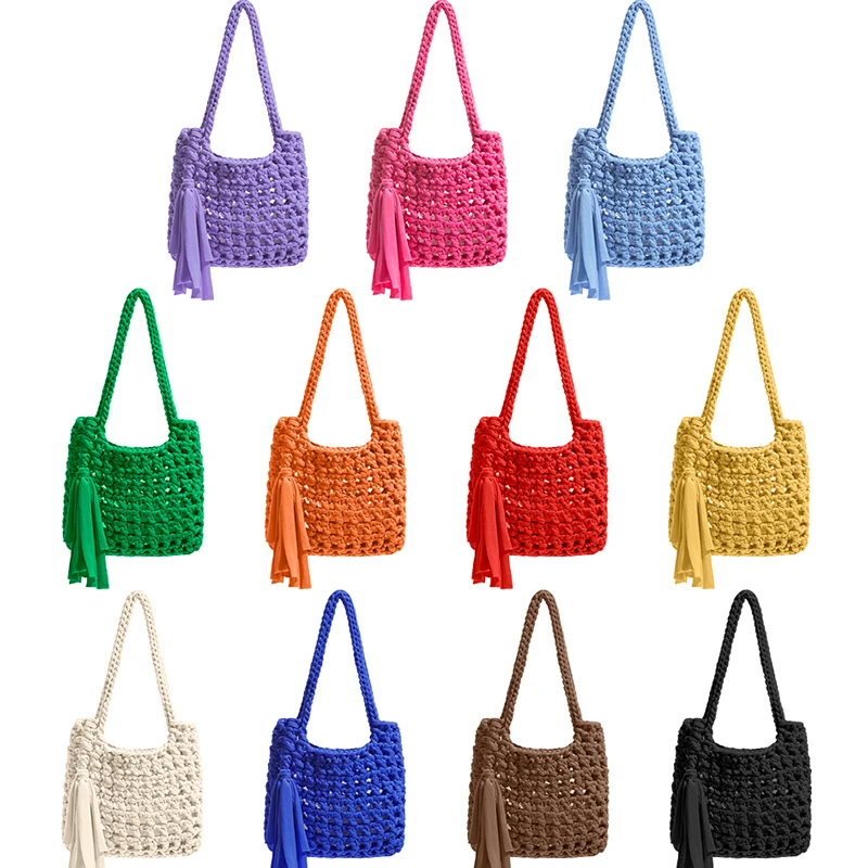 Fashion Tassel Crochet Women Shoulder Bags Hollow Knitted Lady Handbags Handmade Woven Summer Beach Bag Small Tote Purses 2023