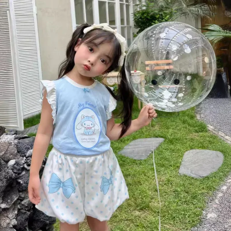 Cute Kuromi Melody Summer Clothing Sets for Kids Baby Girls Outfits Children's Short Sleeve T Shirt + Elastic Waist Shorts 2pcs