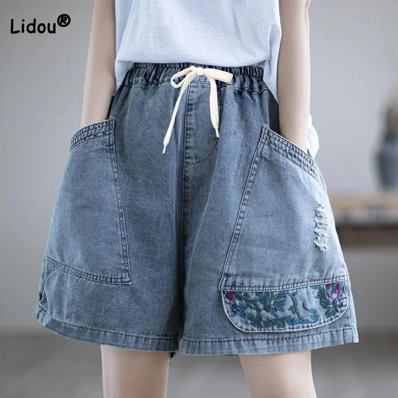 Fashion Korean High Waist Embroidery Denim Shorts for Female Summer Casual Pockets Spliced Loose Wide Leg Pants Women's Clothing