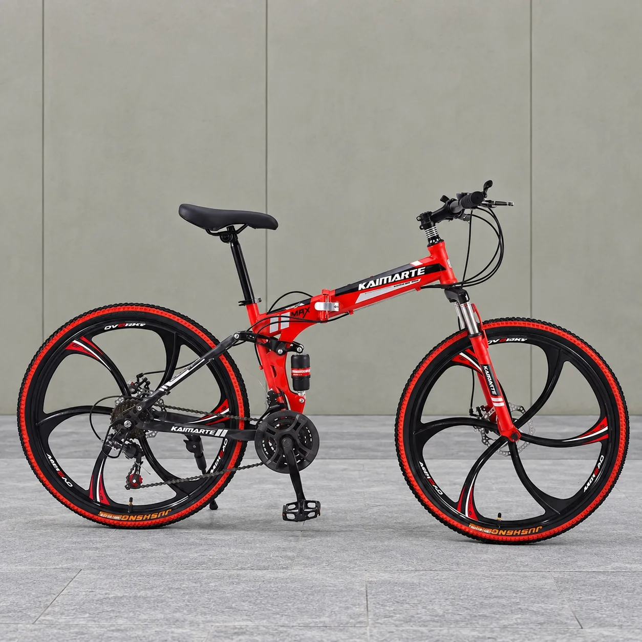 26 Inch 21 Speed Red 6-Spoke Wheel Folding Mountain Bike with Dual Shock Absorption Disc Brake