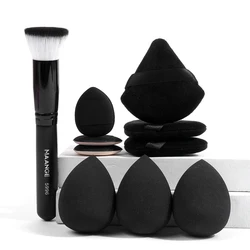 MAANGE 1PCS Foundation Makeup Brush with 9PCS Makeup Puff Contour Blush Makeup Brush Triangle Powder Puff Soft Finger Sponge
