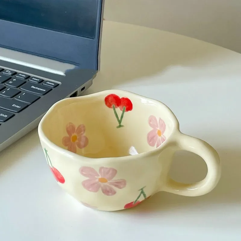 New Hand Pinched Irregular Flower Ceramic Mugs Coffee Cups Milk Tea Cup Ins Korean Style Oatmeal Breakfast Mug Drinkware Kitchen