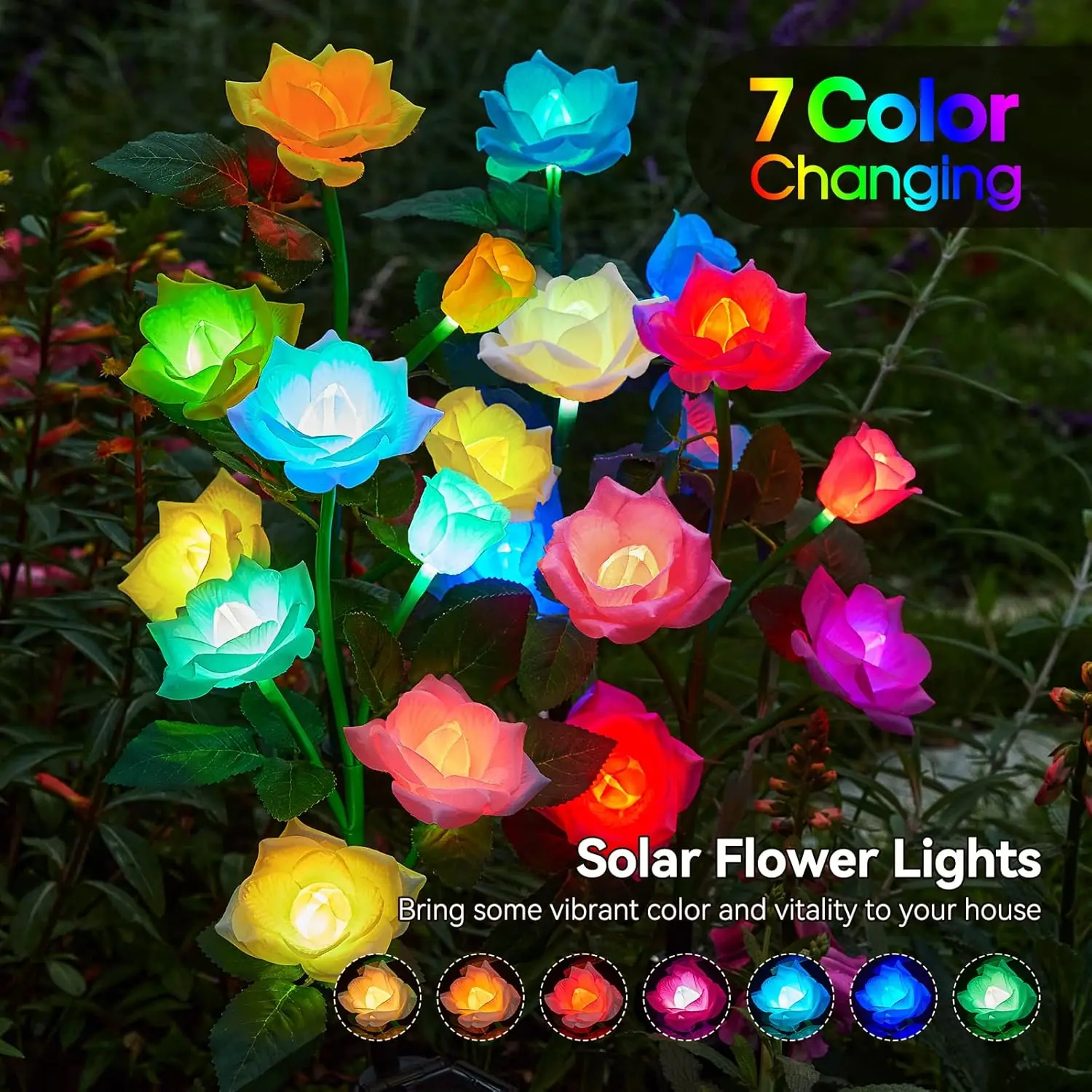 

6 Pack Solar Lights Outdoor Garden Decor, 7 Color Changing Waterproof Flowers, 30 Bigger Realistic Roses for Patio Yard Garden D