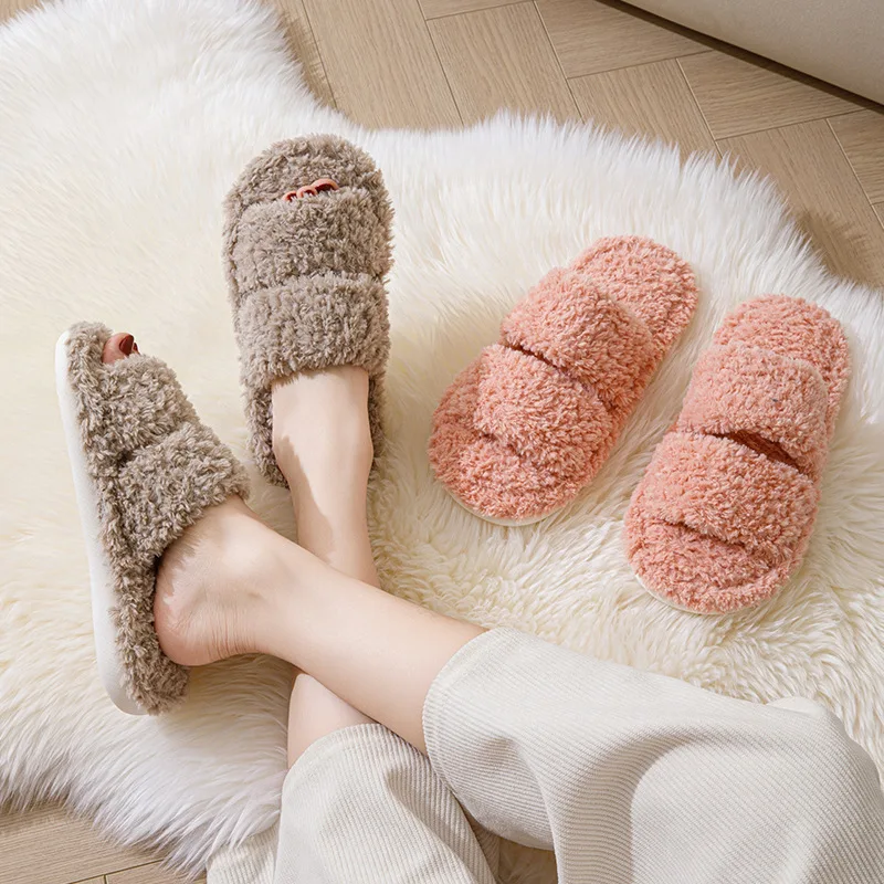 Ins Parallel Bar Plush Cotton Slippers Home Curly Fur European and American Indoor Open Mouth Plush Slippers for Women