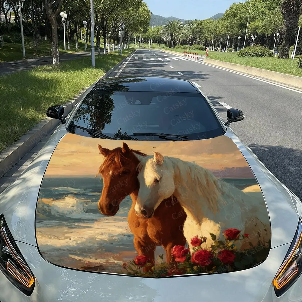 

Coastal Rose Twin Horses Car Hood Sticker-self-adhesive PVC Vinyl Film, Waterproof And Scratch Resistant, Easy To Tear And Stick