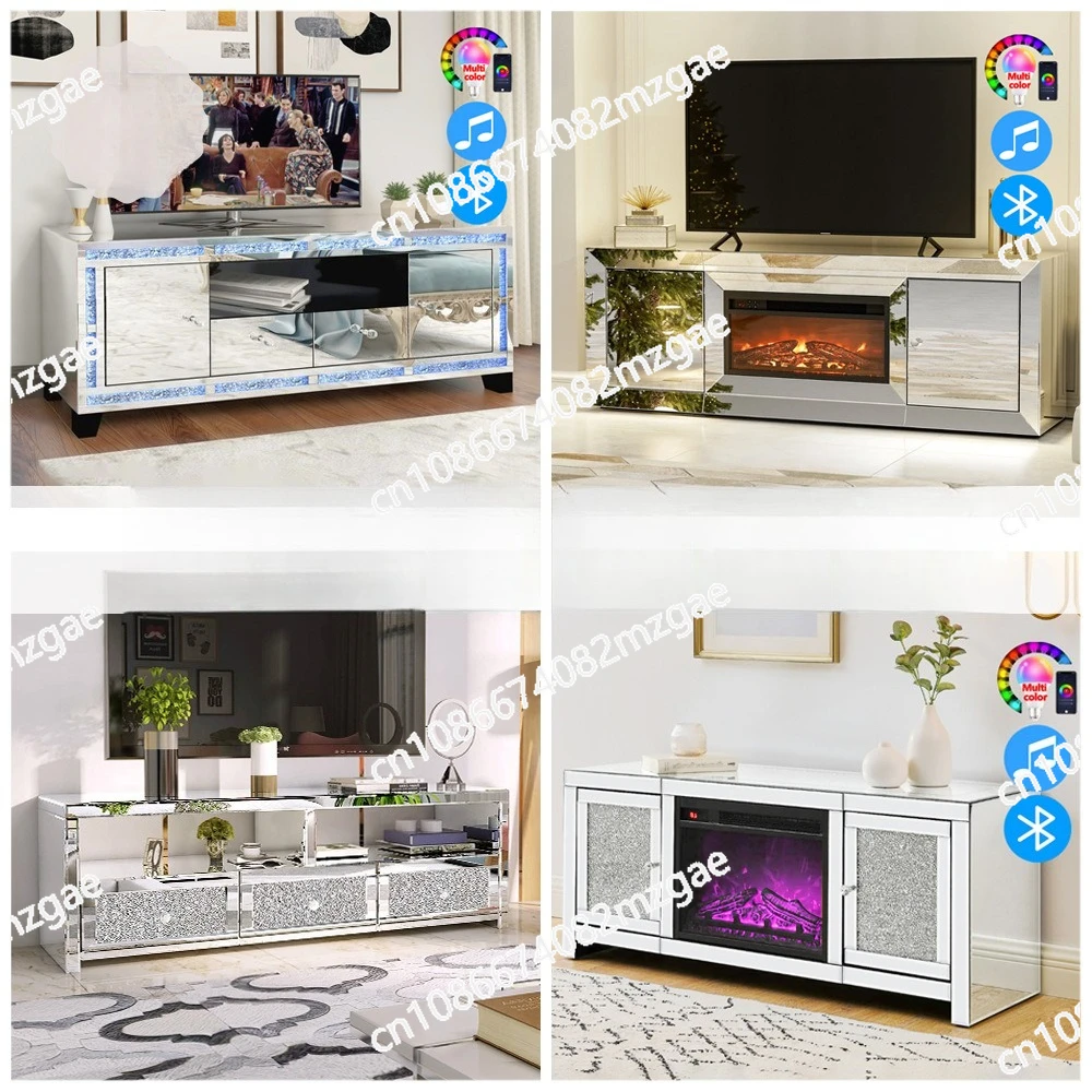 

Silver Mirrored Crystal TV Console Table 3 Drawer, Modern TV Stand Cabinet for Living Room Hotel Furniture