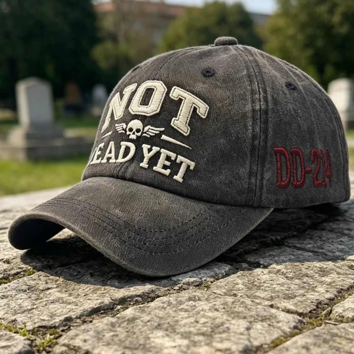American Retro Washed Soft Top Baseball Cap NOT DEAD YET Skeleton Wings 3D Embroidery Print Duckbill Cap Unisex Street Style Out
