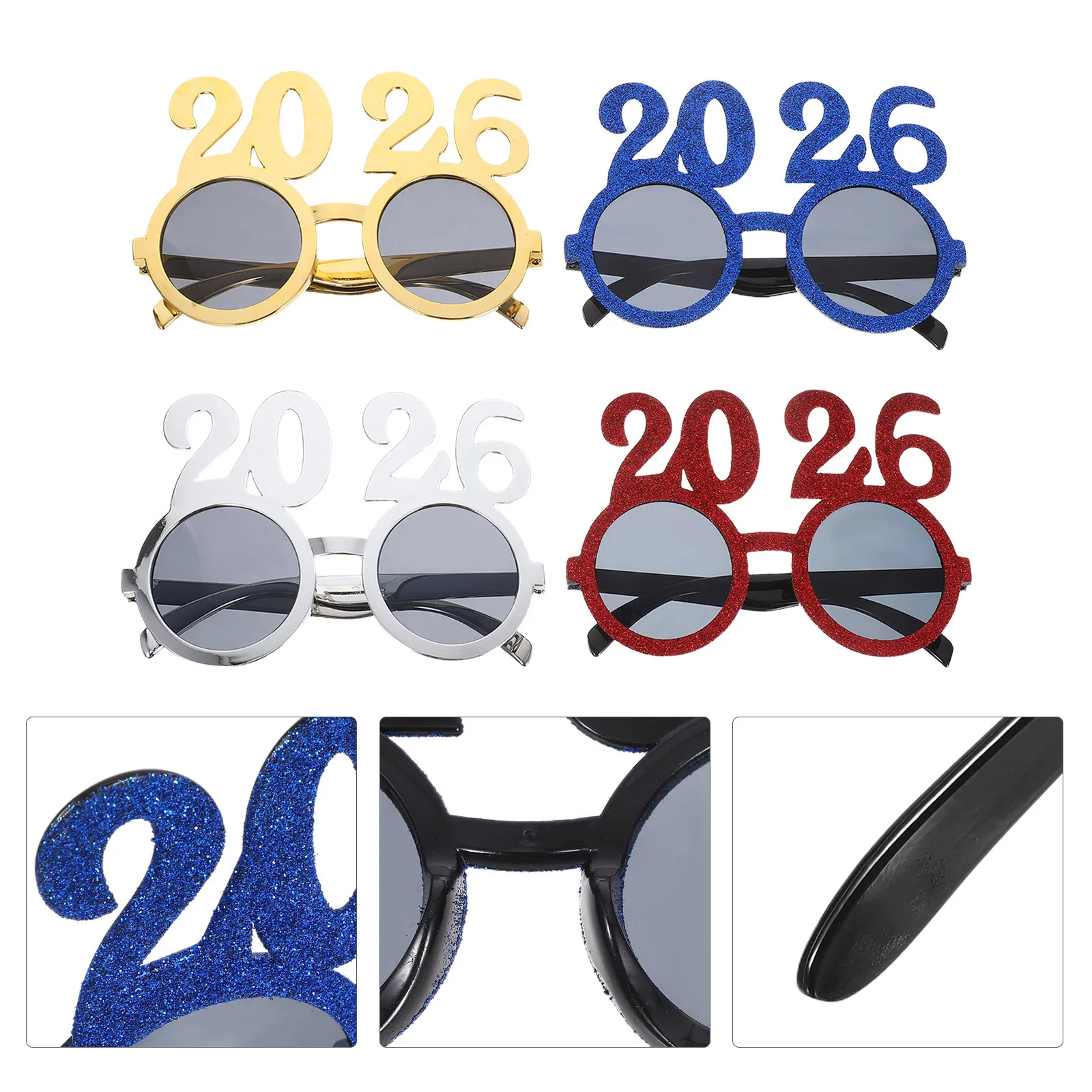 

4Pcs 2026 New Year Photo Glasses Colorful Party Eyewear Photo Booth Props Holiday New Years Eve Party Photobooth Props