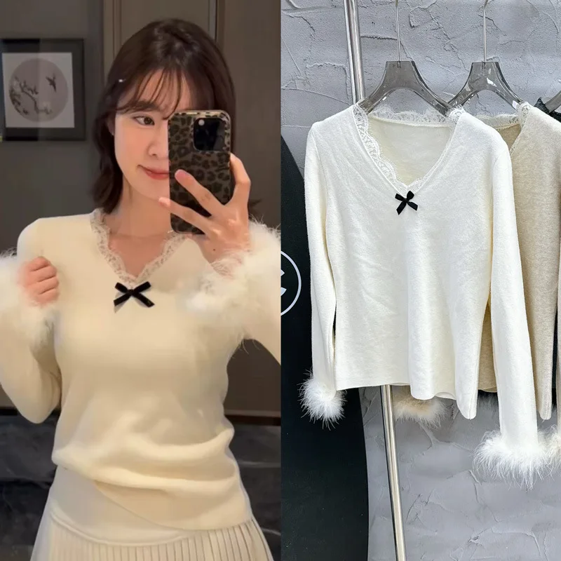 

Женский вязаный свитер во французском стиле с кружевной отделкой и воротником 25, осенне-зимняя рубашка в стиле бажання с внутренним слоем