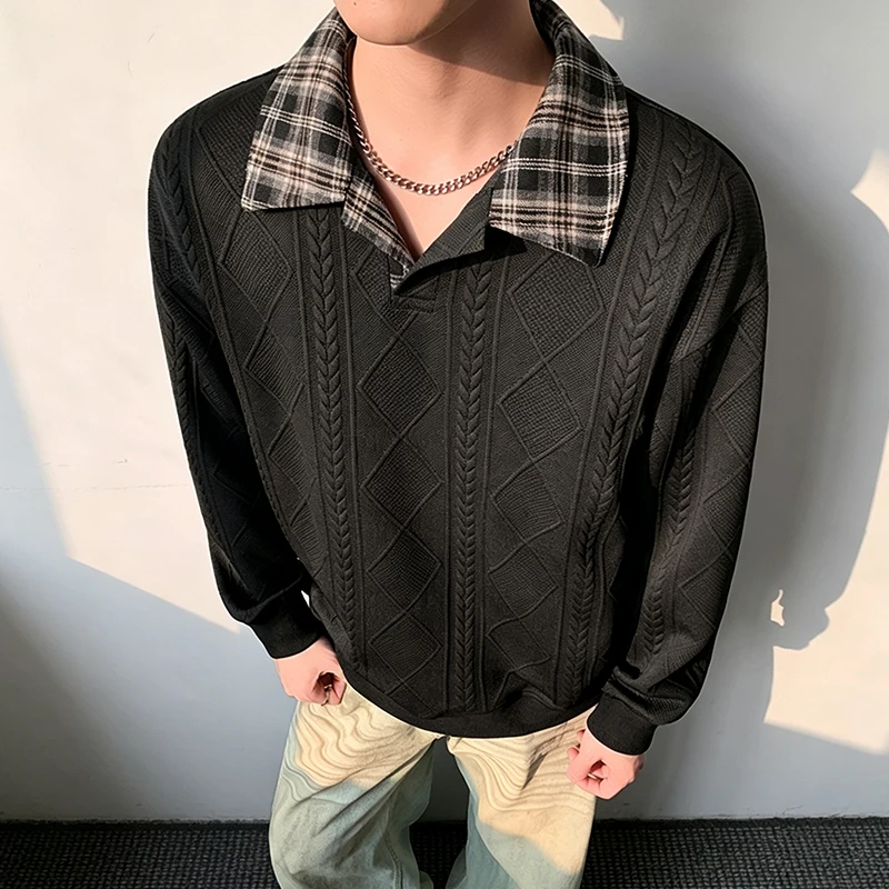Herren-Sweatshirt mit Kontrastkragen und langen Ärmeln, Herbst-Diamant-Jacquard-Strick, lockere Passform, lässige Oberteile, halber Reißverschluss, Alltagskleidung – Detail 15