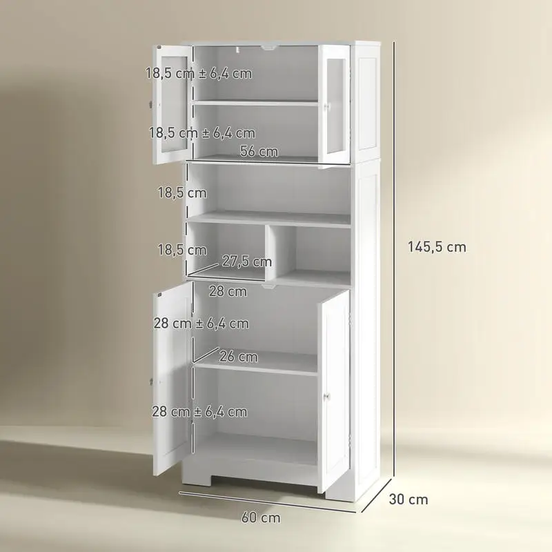 Buffet haut de cuisine, armoire de cuisine, 4 portes, niches, étagères réglables, portes en verre, 60 x 30 x 145,5 cm blanc