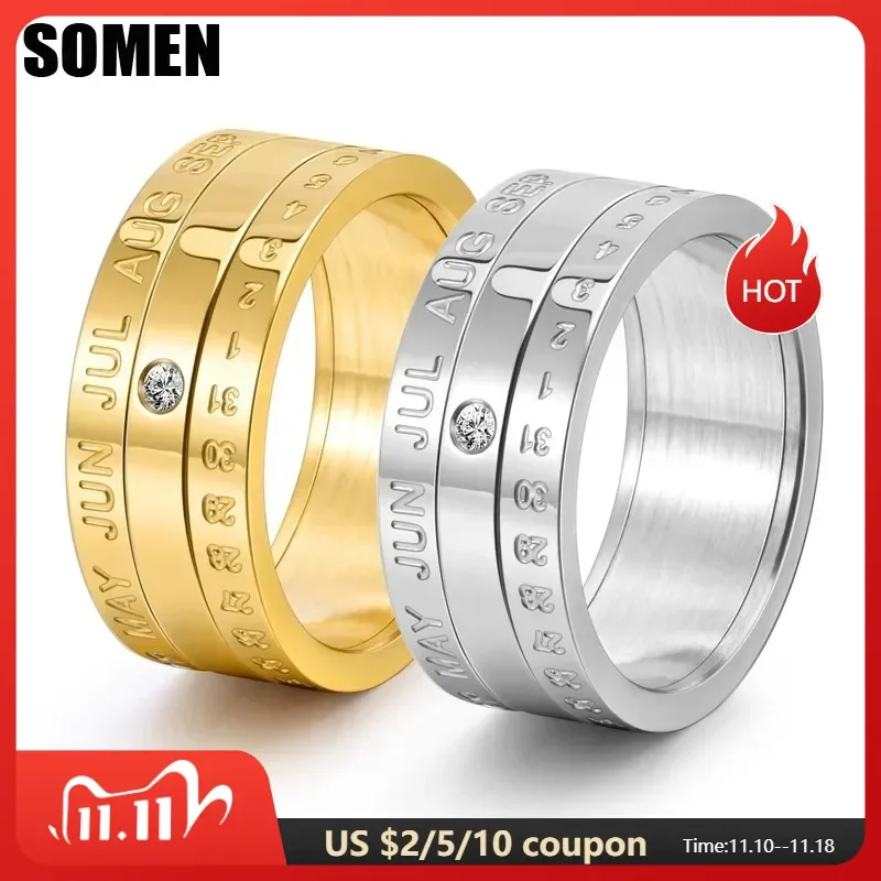 Somen Titanium Steel Date Time Calendar Creative Rotatable 3 Part Ring For Men Anxiety Fidget Rings Punk Spinner Male Jewelry