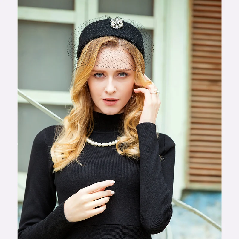 FS Wool Felt Chic Fascinator Hat For Women Ladies Cocktail Tea Party Dress Church Pillbox Hat With Veil Derby Hats