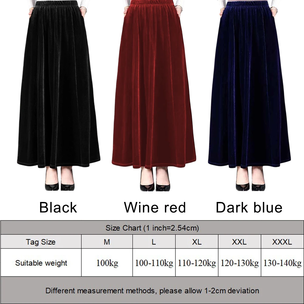 Women's Pleated A-Line Skirt High Waist Velvet Long Skirts Spring Summer Autumn Winter Black Wine Red Casual Women Skirt
