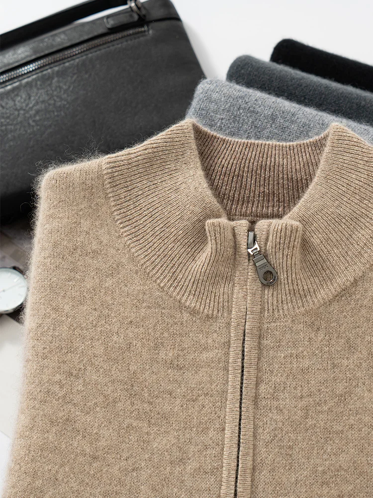 

High Quality Men Winter 100% Cashmere Sweater Mock Neck Zippers Thick Pullover Smart Casual Cashmere Knitwear Soft Warm Clothes