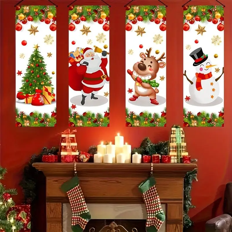 VIKAMA Christmas Wall Art for Bedroom, 4 Pc Vertical Banner Set Santa Reindeer Snowman Tree, Xmas Wall Decor for Dorm