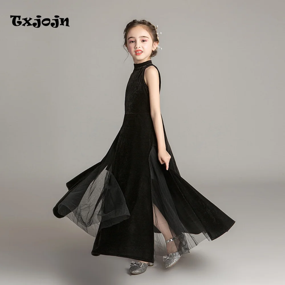 Girl's Ball Gown Black Sleeveless Piano Performance Dress Toddler Teens Child Vestido Hosting Events Birthday Clothes 3-14Y