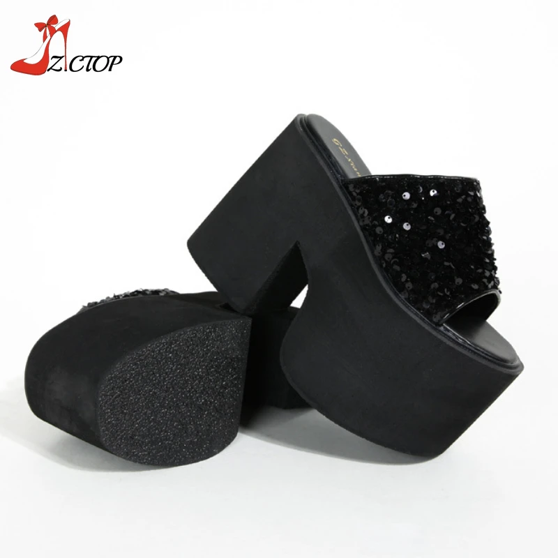 10cm Platform Chunky Heels Sandals Women Bling Open Toe Slip On Thick Bottom Mules Black Punk Shoes Summer Outdoor Slippers