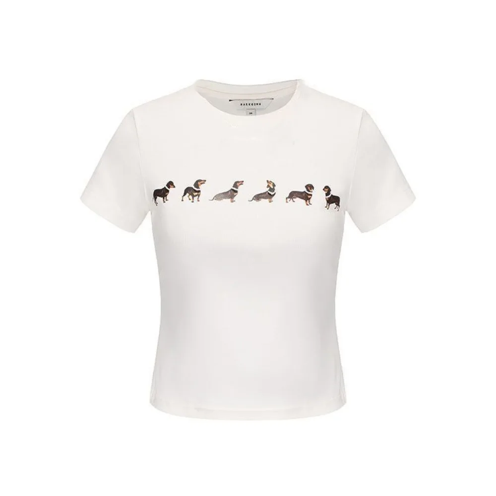 

Korean Style Cartoon Dog Short Sleeve T-shirt Slim Fit Chic Y2K Crop Top Sweet Dachshund Tees Shirts Women Summer