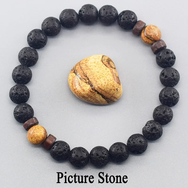 Natural Picture Jasper Stone Bead Men Women Classic Black Lava Round Wooden Accessories Jewelry Natural Volcanic Friendship Gift