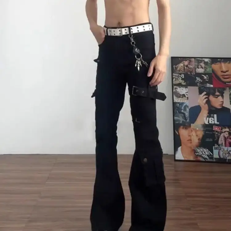 Fashion 2026 Black Strap-on Overalls Men's Slim-fit Scimitar Pants Hip Hop Streetwear High-street Bootcut Flared Trousers Jeans