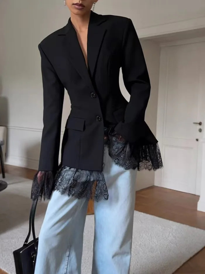 

Ele кружевной лоскутный костюм Jaet Long Sve с застежкой на талии, женская модная верхняя одежда, повседневная европейская полиэфирная ткань