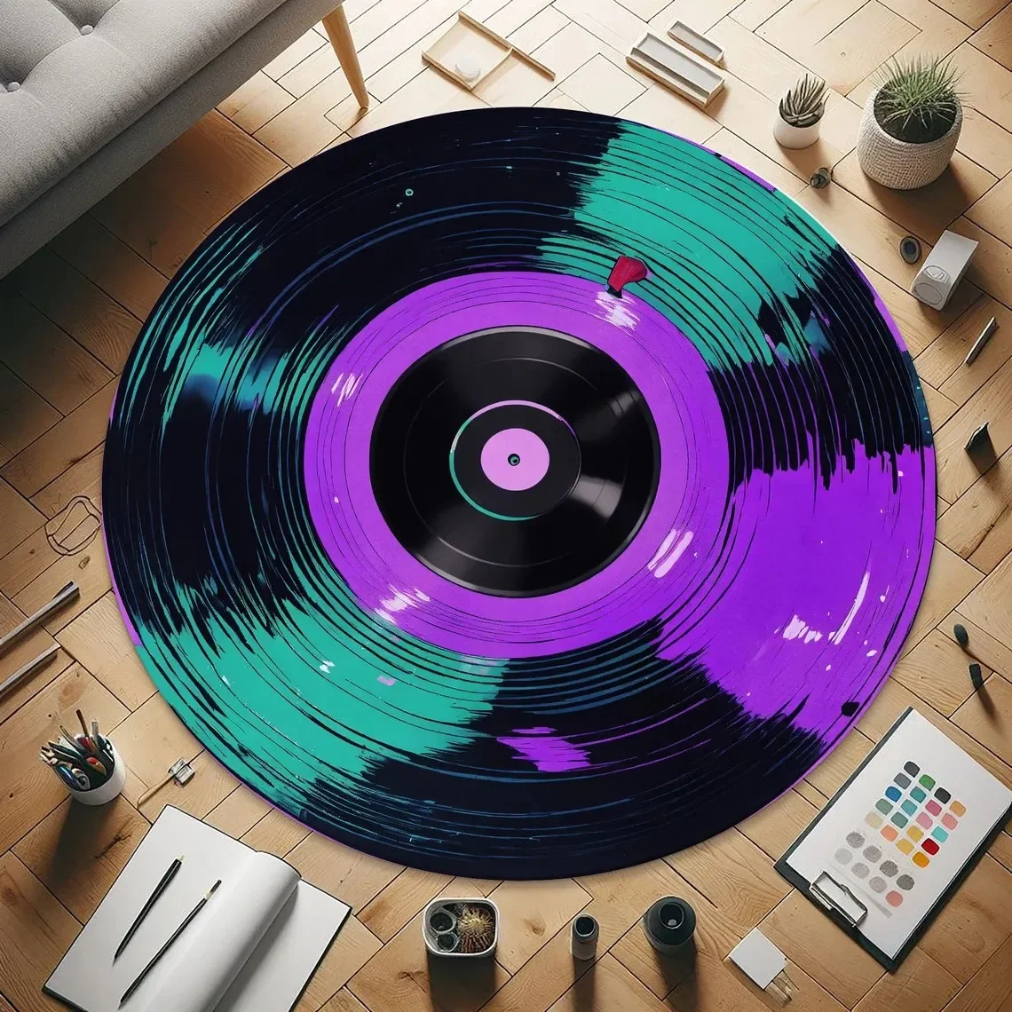 ~O~Music Record Round Rug for Living Room & Lounge – Non-Slip Home Decor Floor Mat for Room Styling
