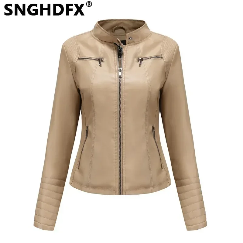 

SNGHDFX Women's Jackets Female Clothing Coats Moto Biker Ladies Fashion PU Leather Tops 2024 Spring Autumn Winter with Pocket