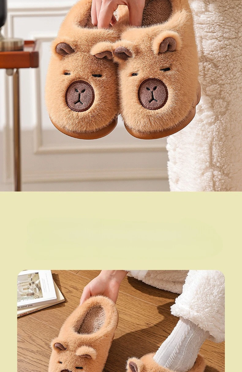 Niedliche Capybara-Baumwollhausschuhe für Damen, Wintermode, warme, flauschige Heimschuhe für Paare, rutschfeste Plüsch-Bodenschuhe für Kinder – Detail 3