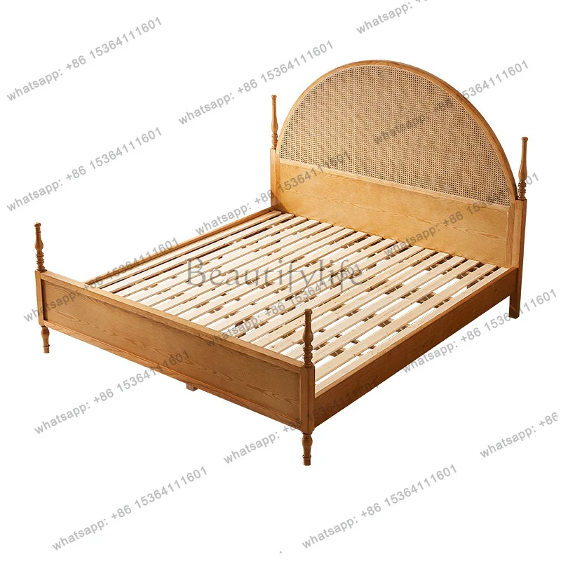 New Chinese style 1.5 meters solid wood medieval rattan semi-round bedside double bed