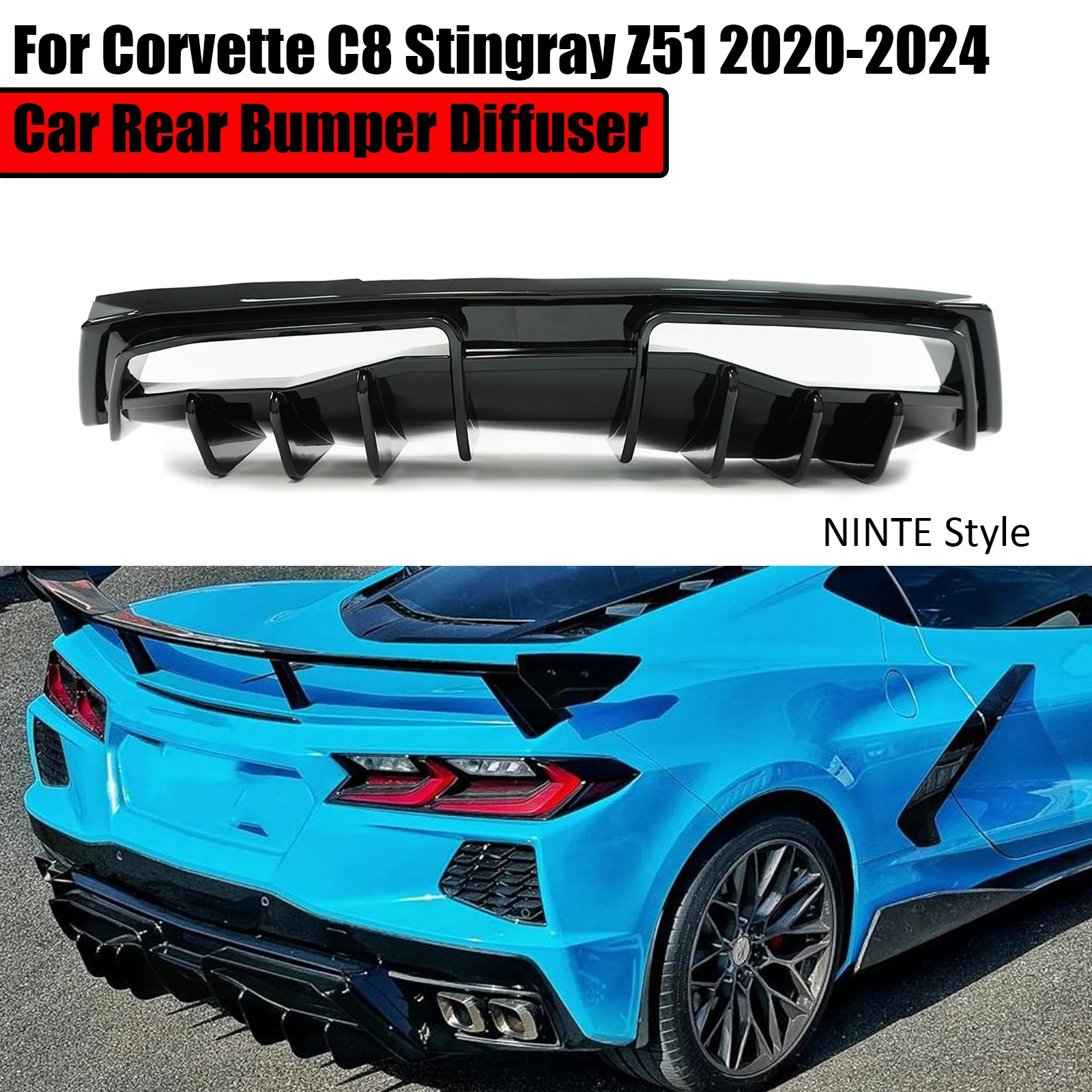 For Chevrolet Corvette C8 Stingray Z51 2020-2024 Car Rear Bumper Diffuser NINTE Style Spoiler Splitter Glossy Black Accessories