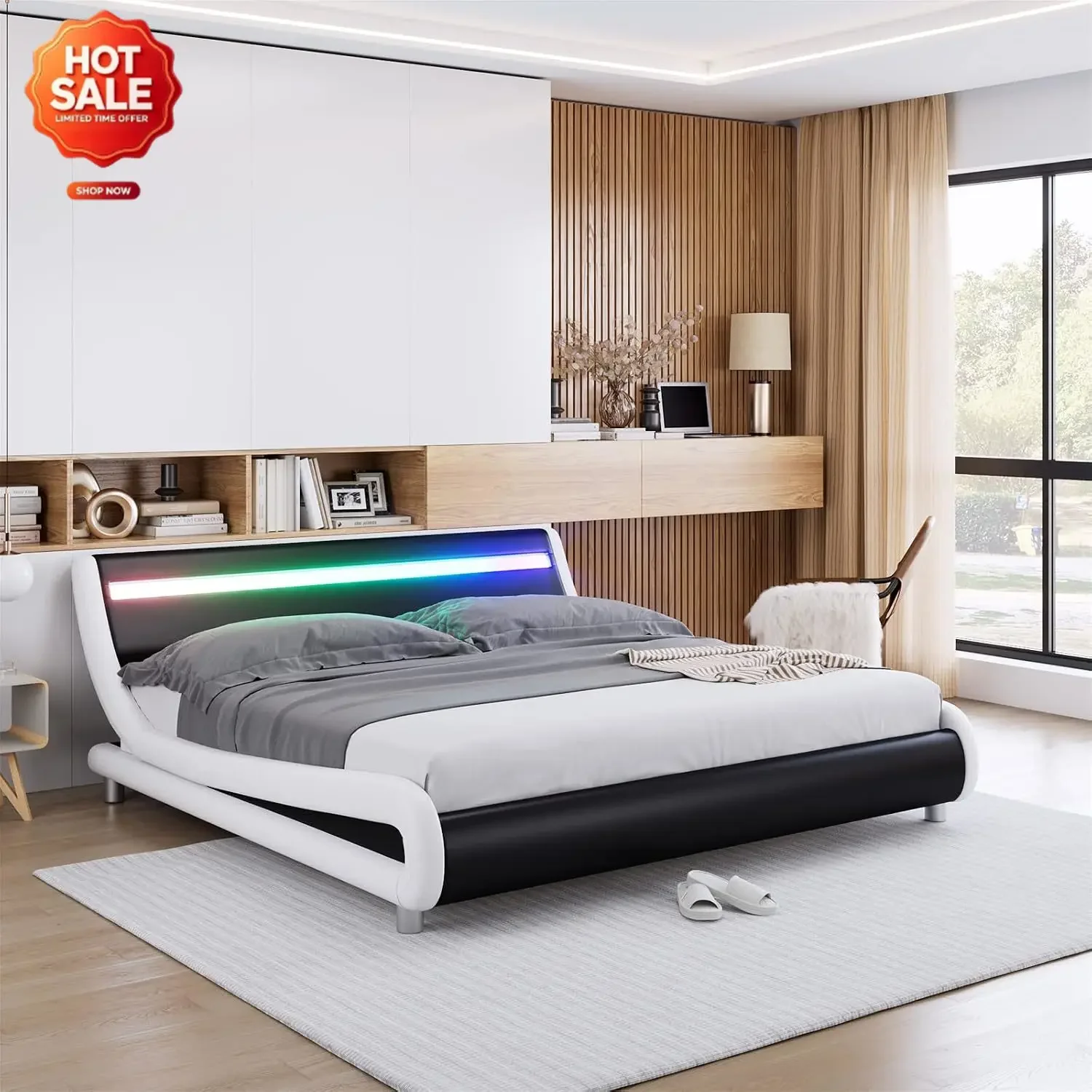 Upholstered Full LED Bed Frame with Headboard, Modern Low Profile Platform Bed with Strong Slats Support, Faux Leather Wave-Like
