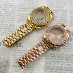 Dog Date Teeth Log Case 39mm Rose Gold Case Presidential Strap Set Sapphire Glass Fits NH35 NH36 4R/7S Automatic Movement